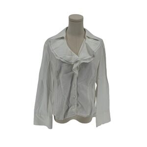 JONES NEW YORK SIGNATURE Women's White Button Down Blouse Ruffle Collar (Size L)